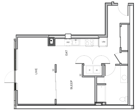 A floor plan of a room with a living area, kitchen, and bathroom.